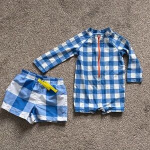 Primary Blue Gingham Swim Tunks and Rash Guard Swimsuit